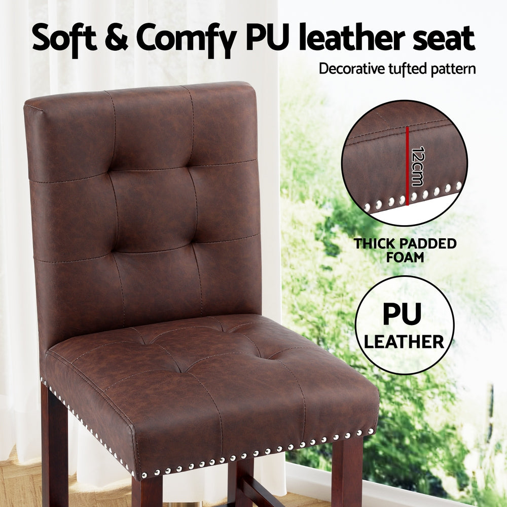 Artiss 2x Bar Stools Kitchen Dining Chairs Counter PU Leather Wooden Ada Brown - Image 5