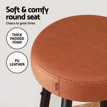 Artiss 2x Bar Stools Kitchen Dining Chairs Counter Round PU Leather Lane Brown - Image 6