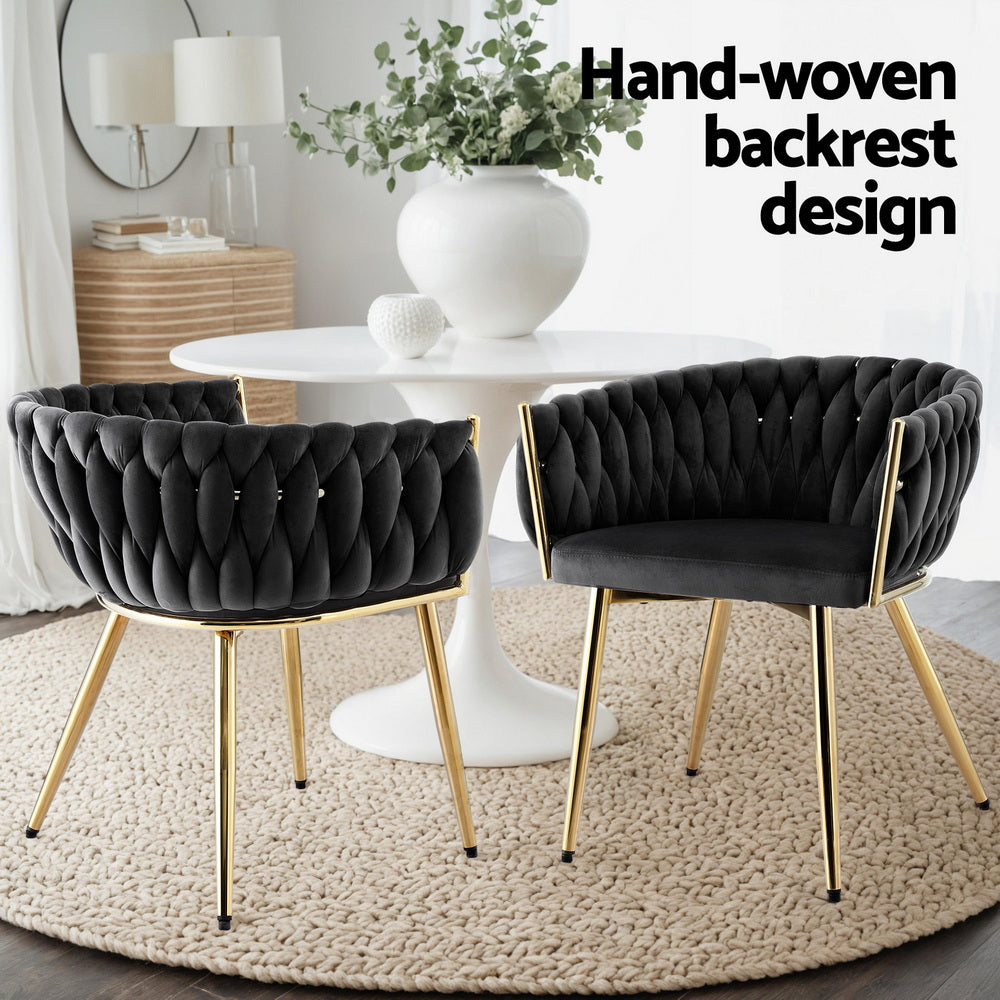 Artiss 1x Dining Chair Armchair Cafe Kitchen Lounge Chairs Velvet Weaving Black - Image 4