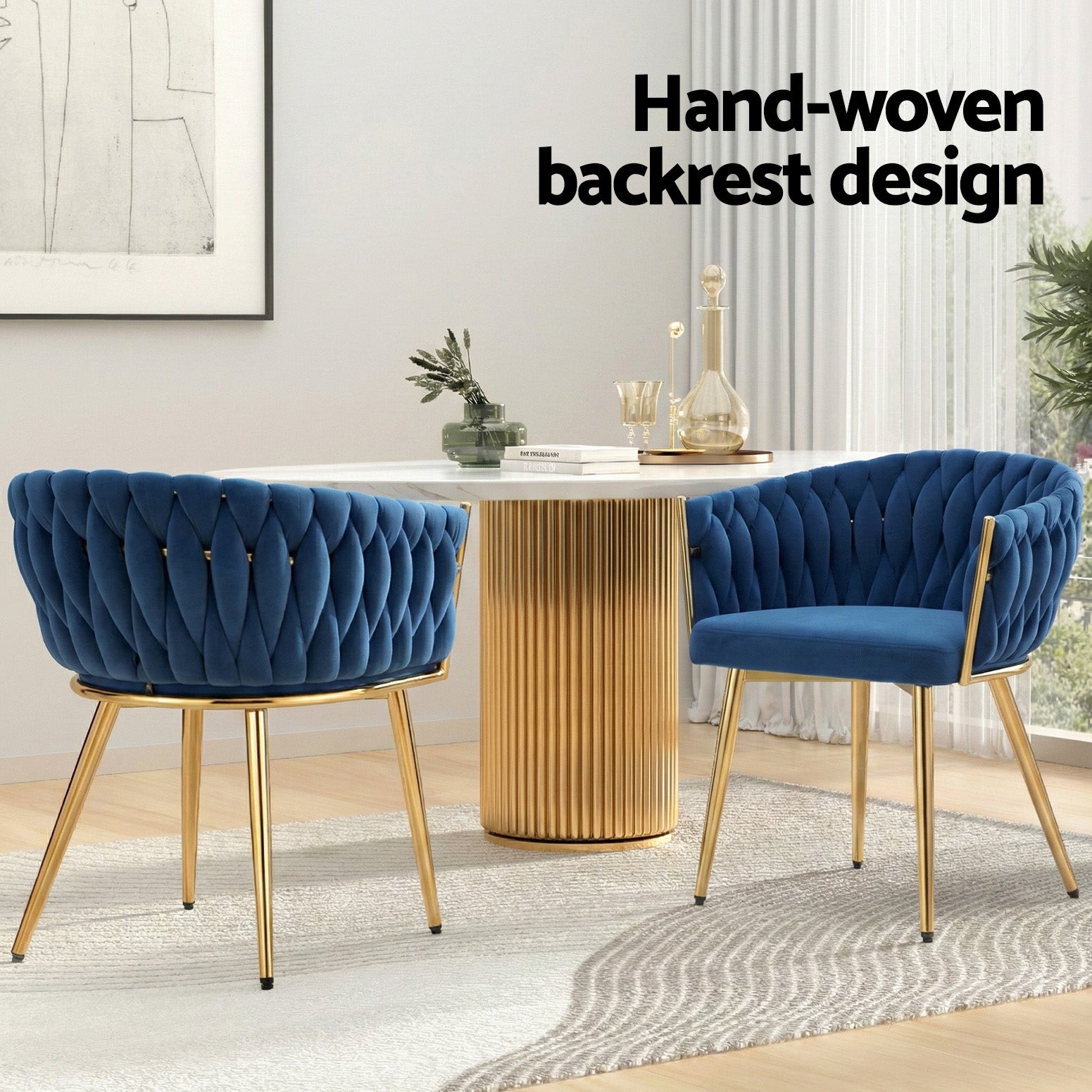 1 Set of 4 Artiss Dining Chairs Velvet Weaving Armchair Blue - Image 4
