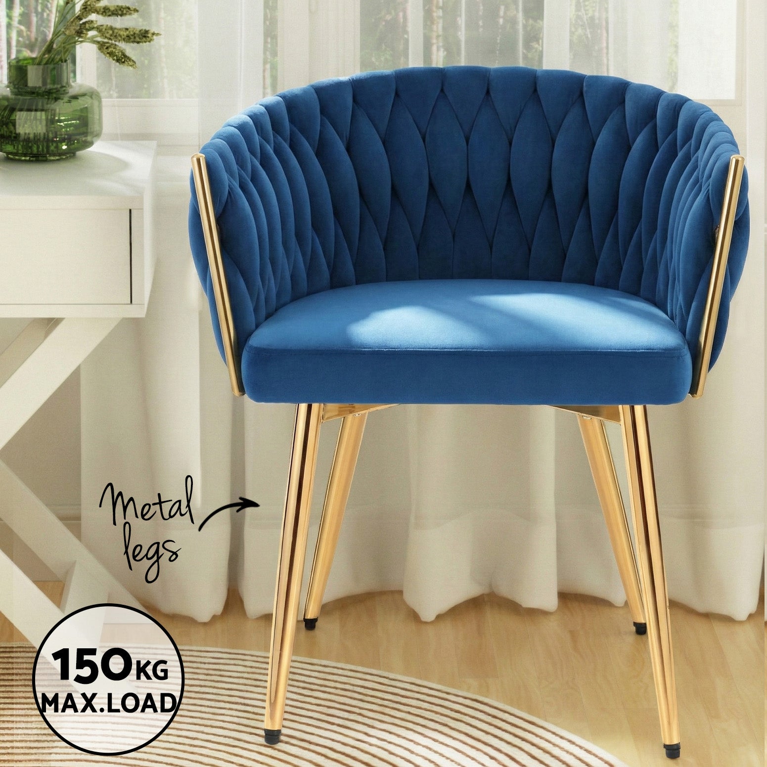 1 Set of 4 Artiss Dining Chairs Velvet Weaving Armchair Blue - Image 5