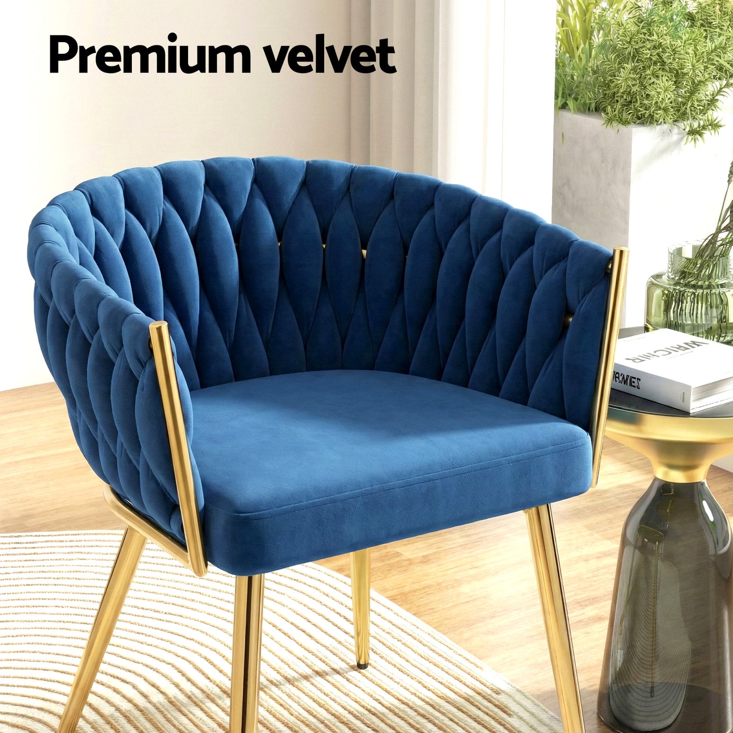 1 Set of 4 Artiss Dining Chairs Velvet Weaving Armchair Blue - Image 6