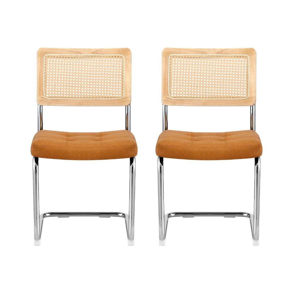Artiss Dining Chairs Set of 2 PU Leather Rattan Cantilever Brown - Image 3