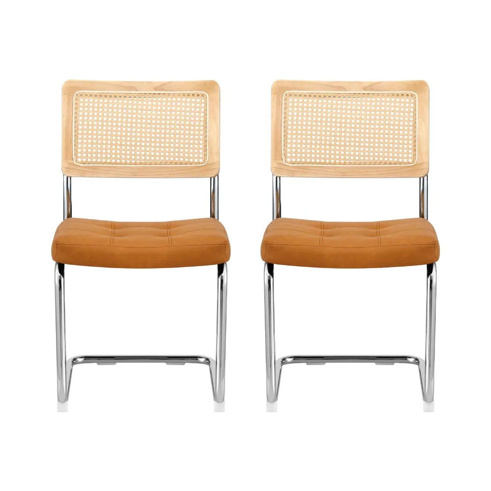 Artiss Dining Chairs Set of 2 PU Leather Rattan Cantilever Brown - Image 3