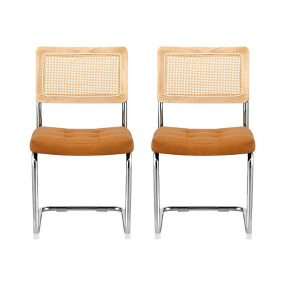 Artiss Dining Chairs Set of 2 PU Leather Rattan Cantilever Brown - Image 3