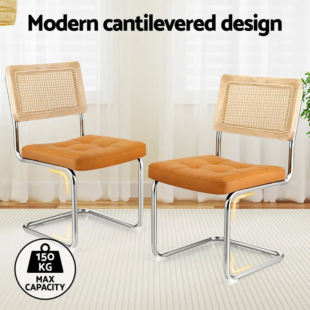 Artiss Dining Chairs Set of 2 PU Leather Rattan Cantilever Brown - Image 4