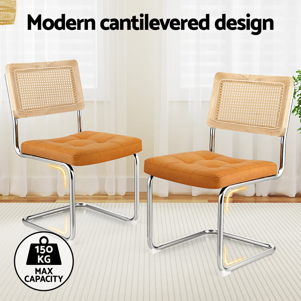 Artiss Dining Chairs Set of 4 PU Leather Rattan Cantilever Brown - Image 4