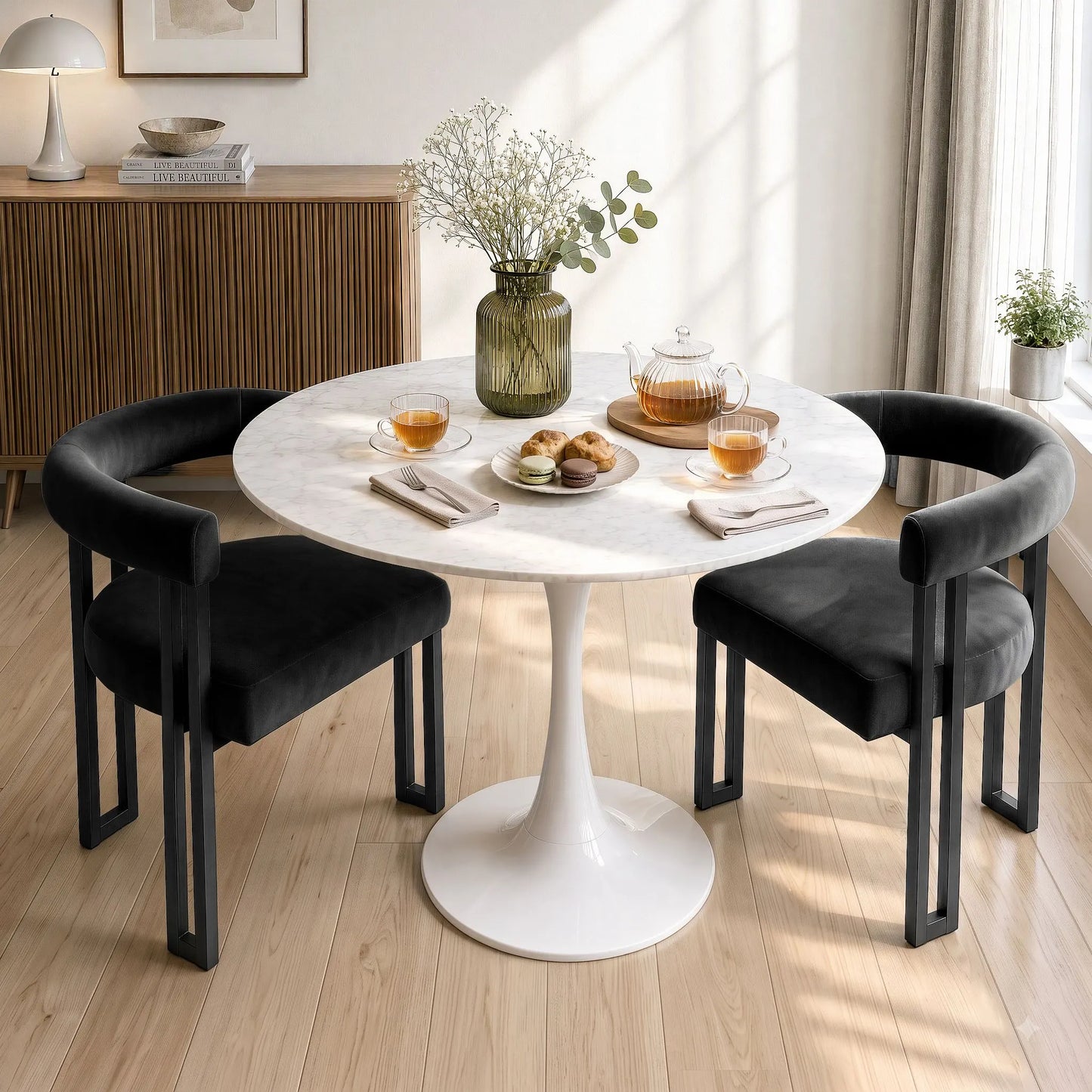 Artiss Dining Chairs Set of 2 Velvet Upholstered Barrel Chairs with Curved Armrests & Back Black - Image 4