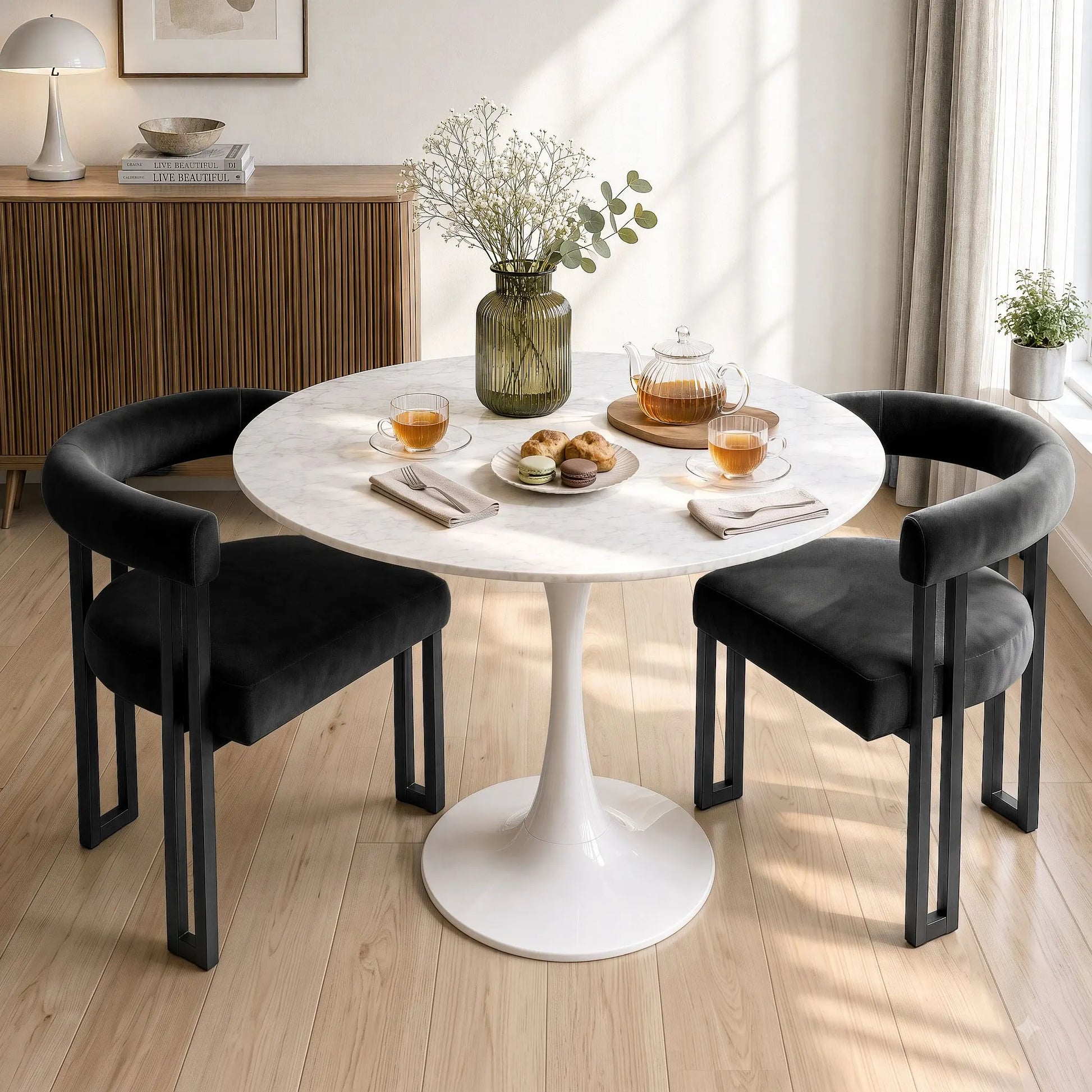 Artiss Dining Chairs Set of 2 Velvet Upholstered Barrel Chairs with Curved Armrests & Back Black - Image 4