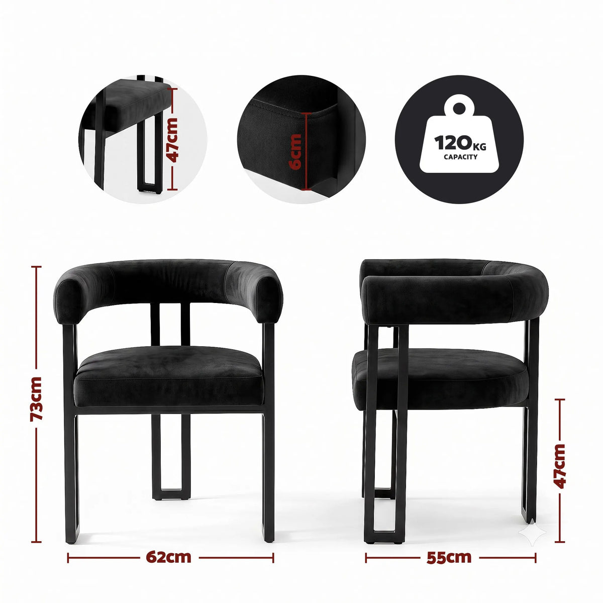 Artiss Dining Chairs Set of 6 Velvet Upholstered Barrel Chairs with Curved Armrests & Back Black - Image 2