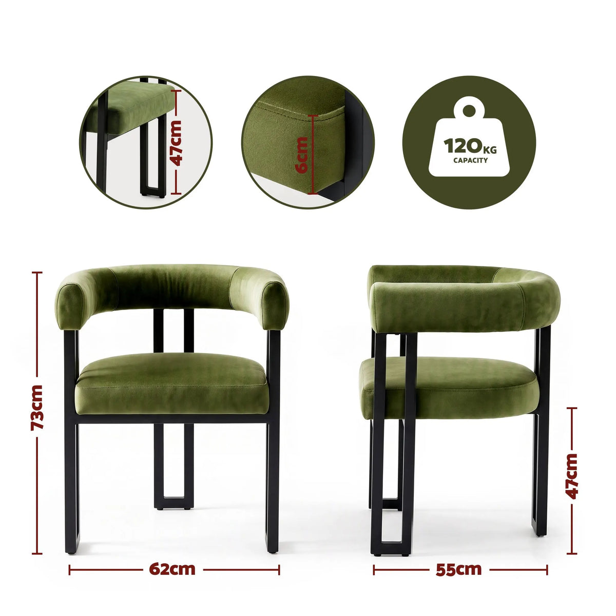 Artiss Dining Chairs Set of 2 Velvet Upholstered Barrel Chairs with Curved Armrests & Back Green - Image 2