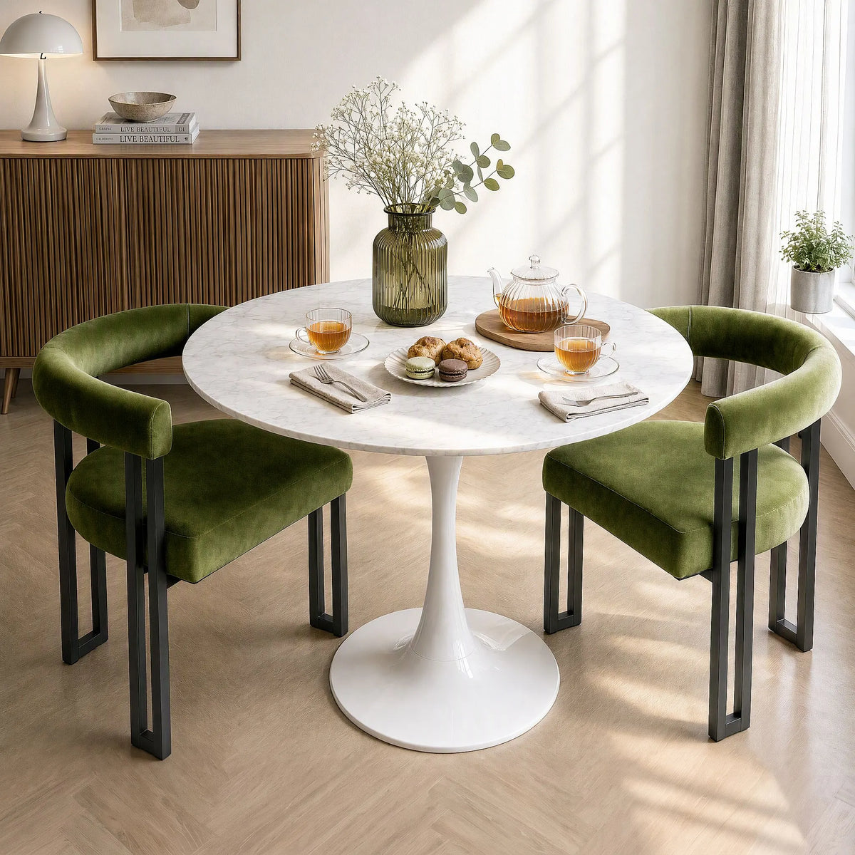 Artiss Dining Chairs Set of 2 Velvet Upholstered Barrel Chairs with Curved Armrests & Back Green - Image 4