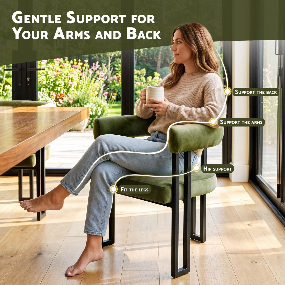 Artiss Dining Chairs Set of 2 Velvet Upholstered Barrel Chairs with Curved Armrests & Back Green - Image 6
