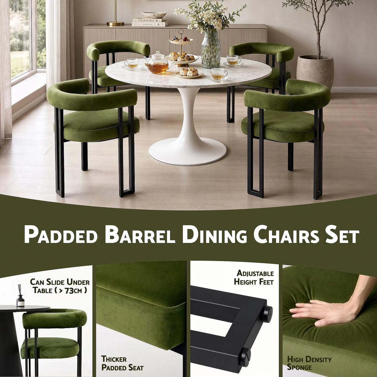 Artiss Dining Chairs Set of 2 Velvet Upholstered Barrel Chairs with Curved Armrests & Back Green - Image 7