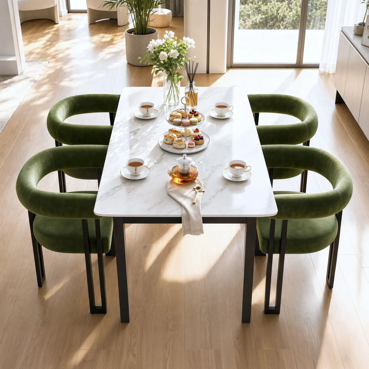 Artiss Dining Chairs Set of 2 Velvet Upholstered Barrel Chairs with Curved Armrests & Back Green - Image 8
