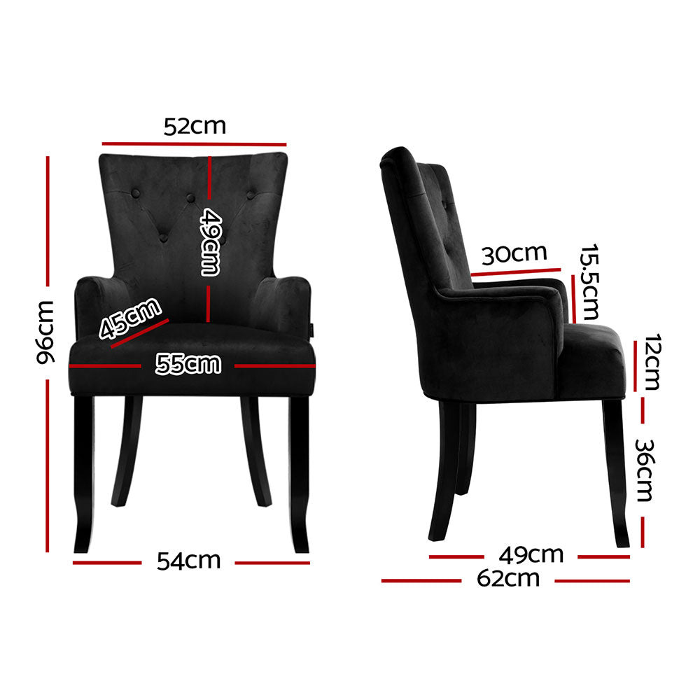 2x Artiss Dining Chairs Velvet French Provincial Armchair Black - Image 2