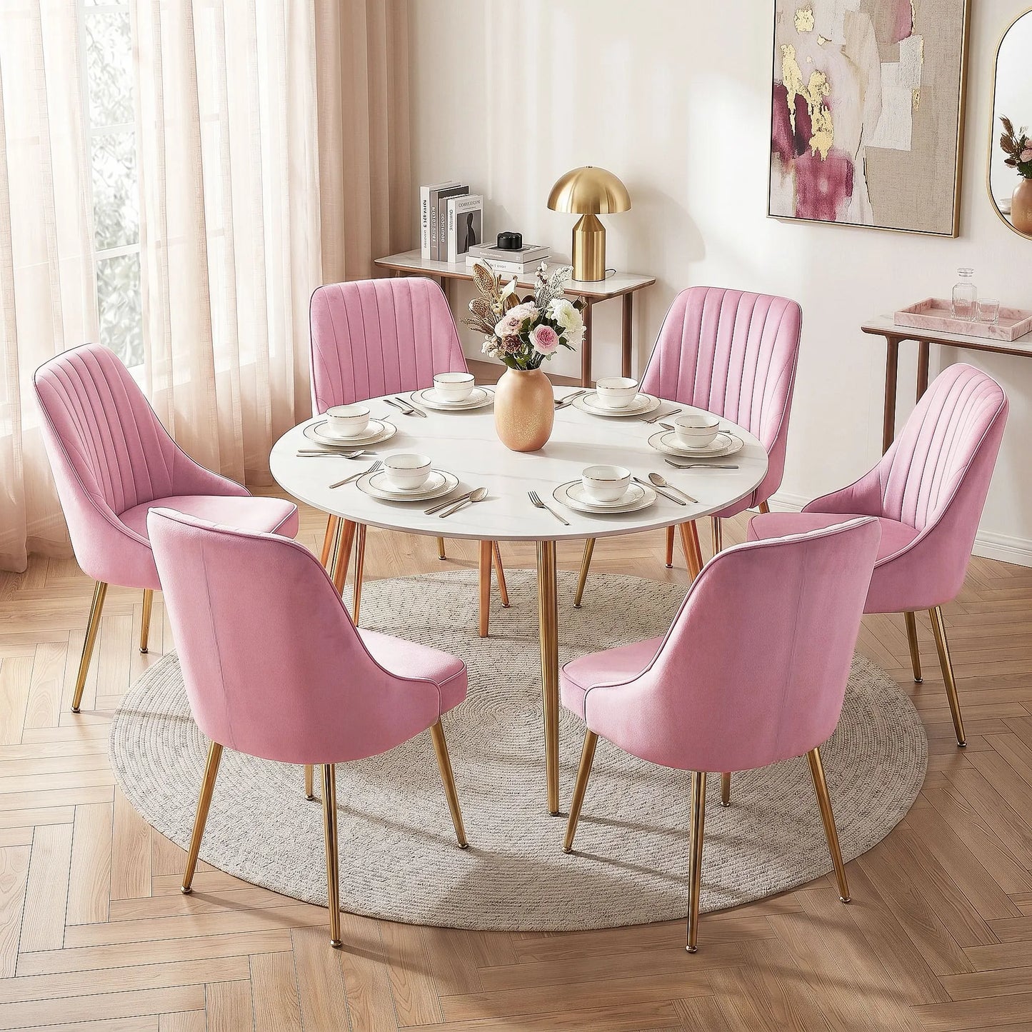 Artiss Dining Chairs Set of 6 Velvet Channel Tufted Pink - Image 4