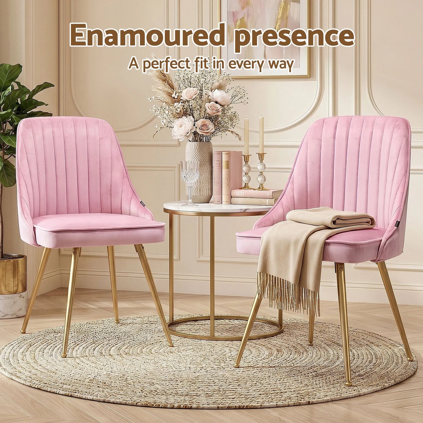Artiss Dining Chairs Set of 6 Velvet Channel Tufted Pink - Image 6
