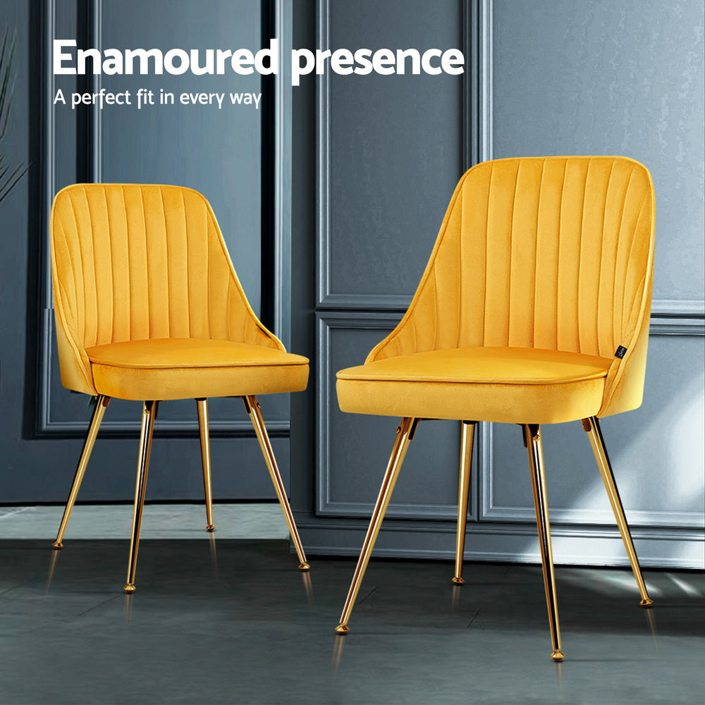Artiss Dining Chairs Set of 4 Velvet Channel Tufted Yellow - Image 4