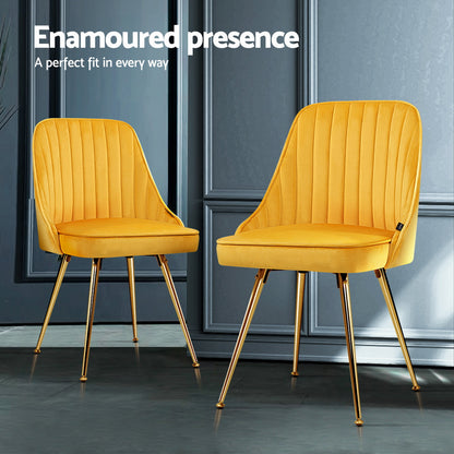 Artiss Dining Chairs Set of 4 Velvet Channel Tufted Yellow - Image 4