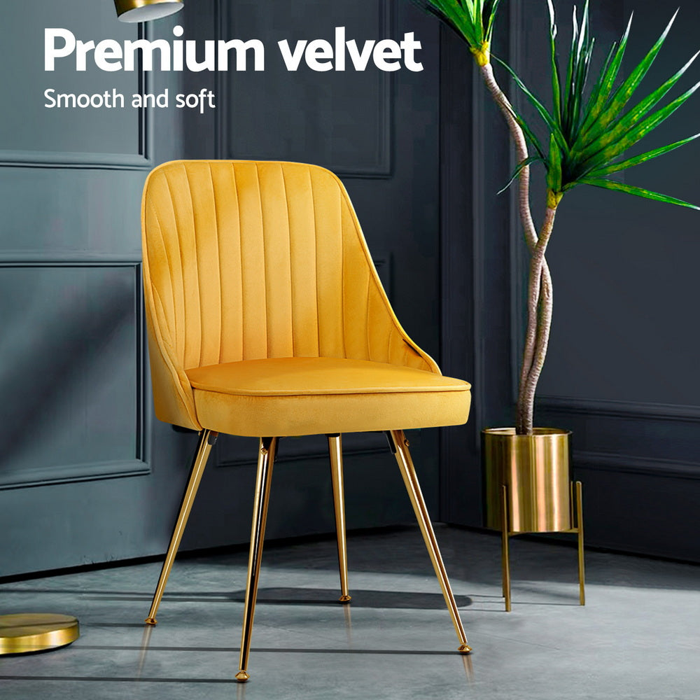 Artiss Dining Chairs Set of 4 Velvet Channel Tufted Yellow - Image 5