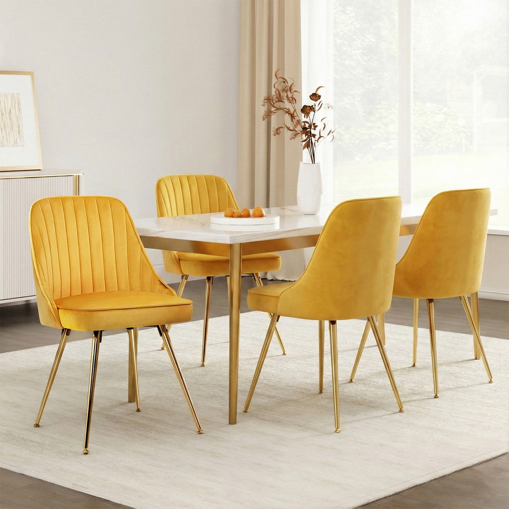 Artiss Dining Chairs Set of 4 Velvet Channel Tufted Yellow - Image 7