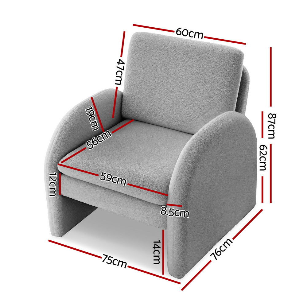 Artiss Armchair Accent Chair Lounge Tub Sofa Couch Curved Arm Seat Boucle Grey - Image 2