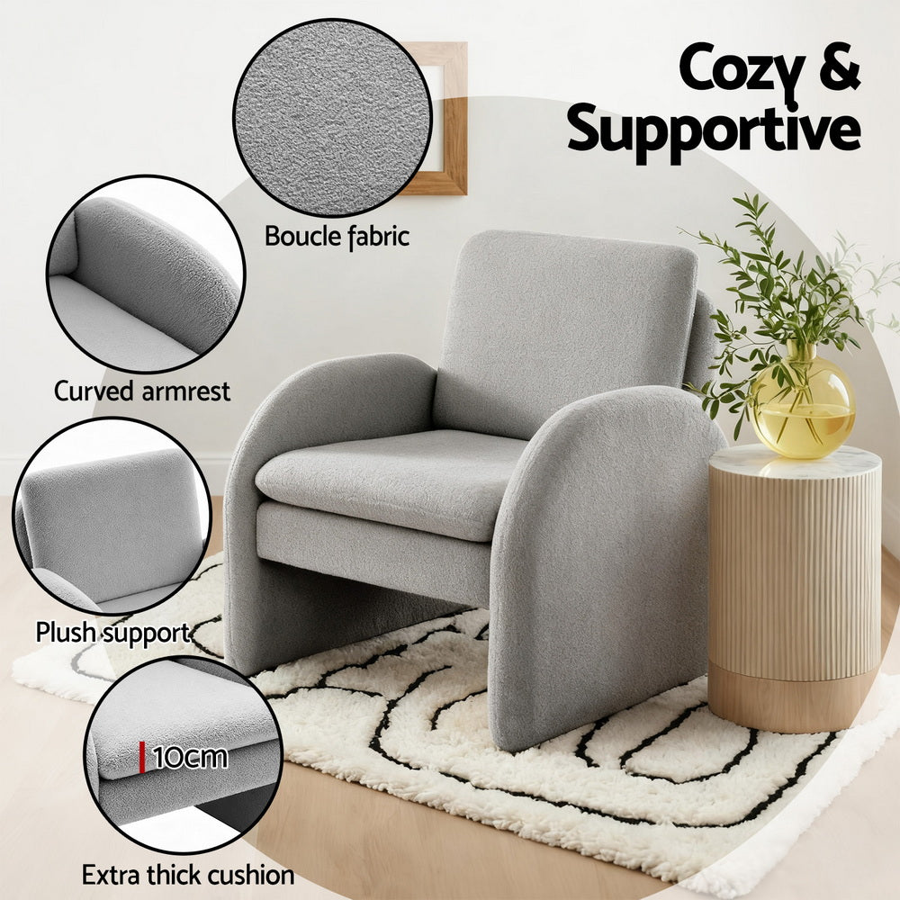 Artiss Armchair Accent Chair Lounge Tub Sofa Couch Curved Arm Seat Boucle Grey - Image 5