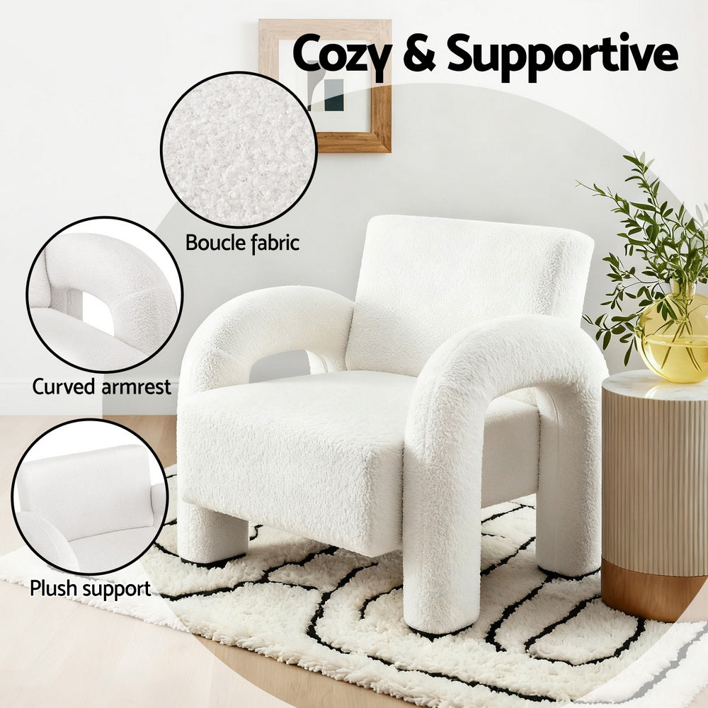 Artiss Armchair Accent Chair Lounge Sofa Couch Curved Seat Boucle White - Image 6