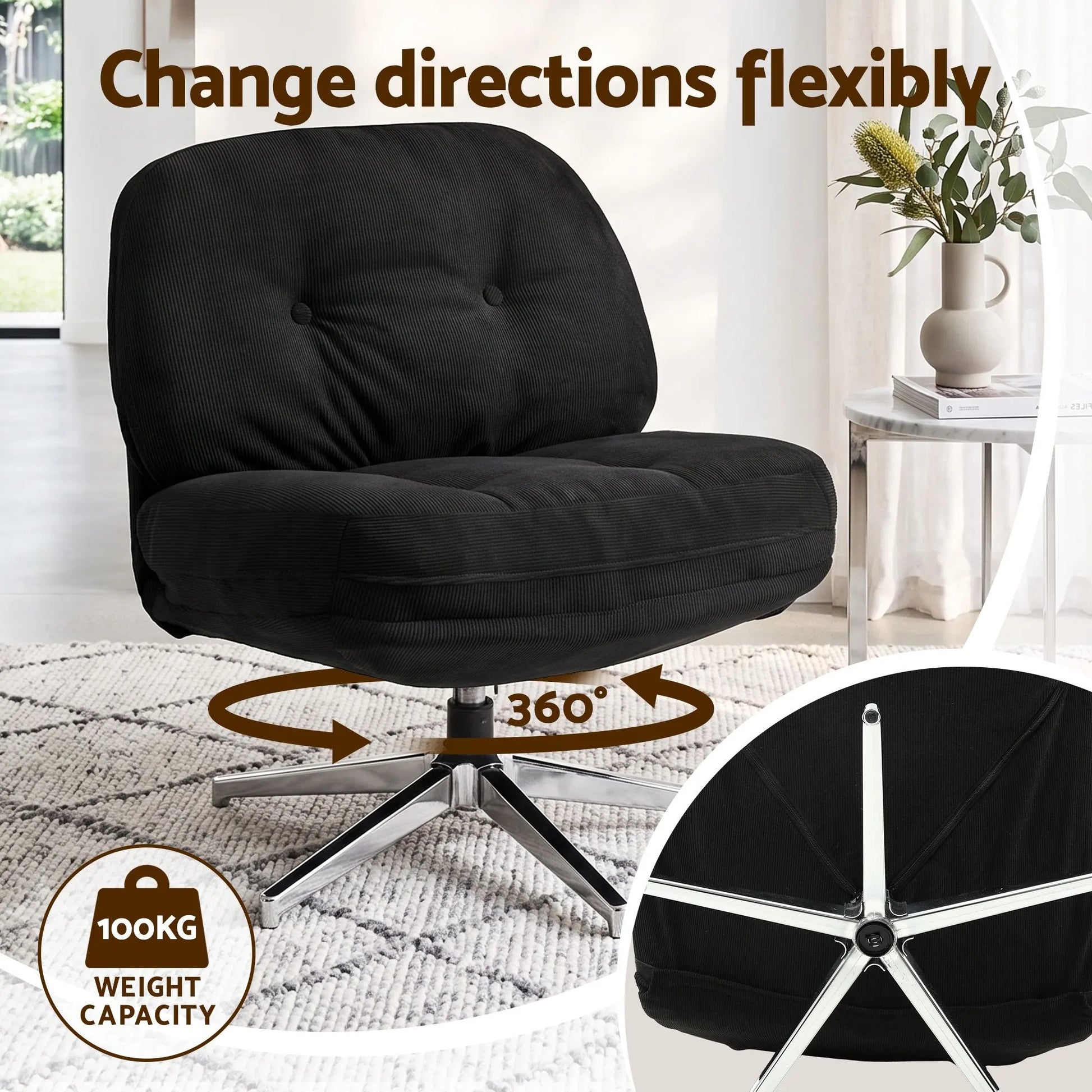 Artiss Swivel Chair Nursing Armchair Lounge Corduroy Steel Star Base Black - Image 5