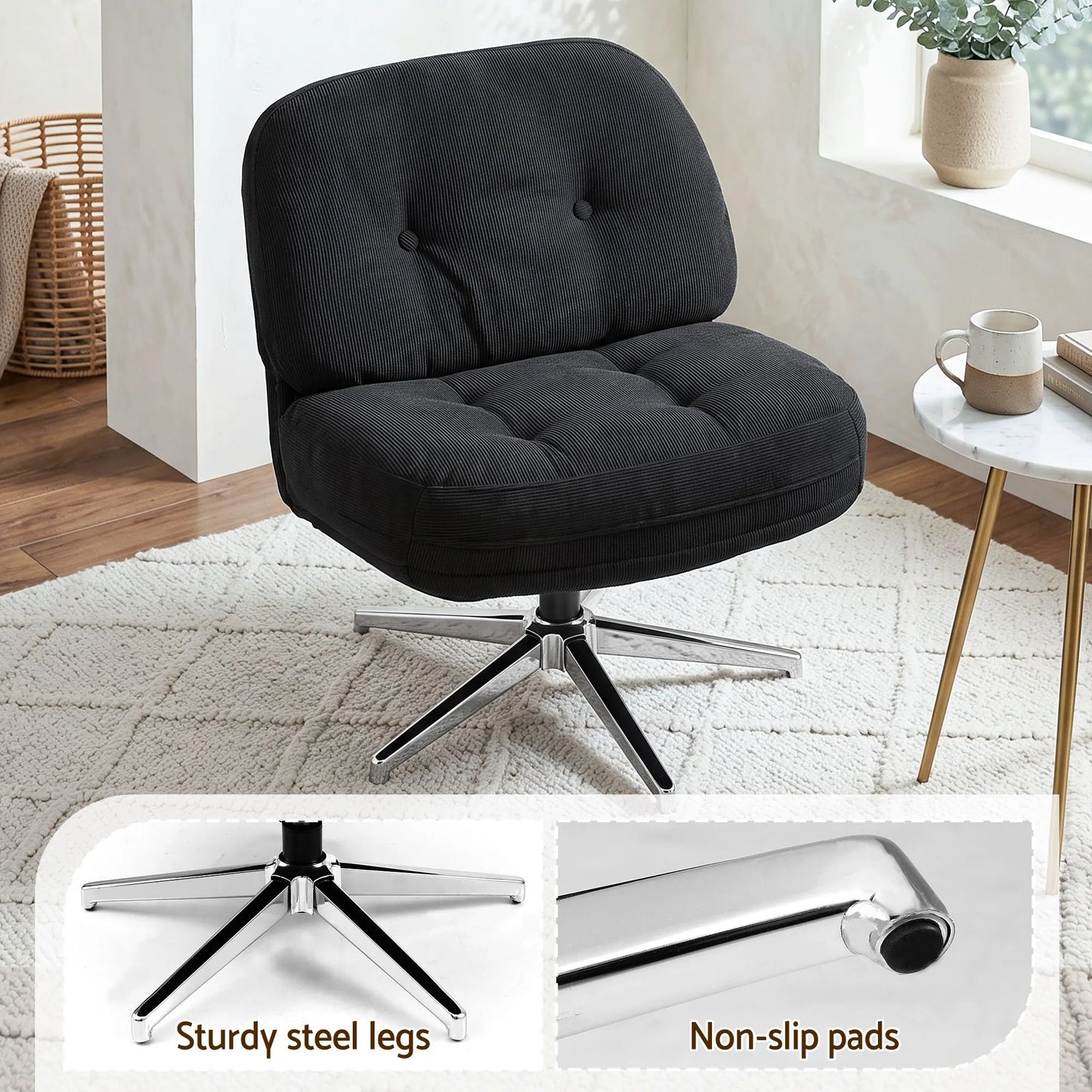Artiss Swivel Chair Nursing Armchair Lounge Corduroy Steel Star Base Black - Image 7