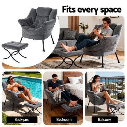 Artiss Armchair Accent Chair Ottoman Lounge Footrest Velvet Grey - Image 6