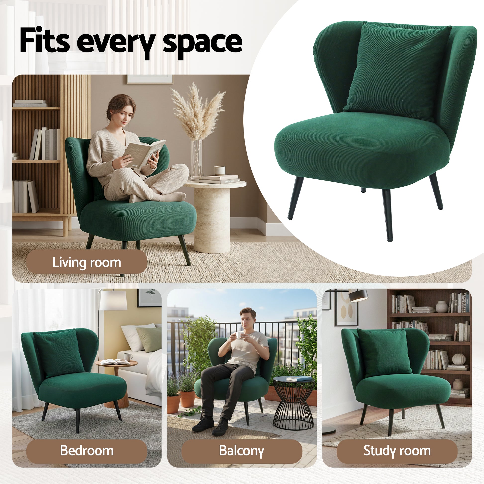 Artiss Armchair Accent Chair Lounge Tub Sofa Couch Corduroy Velvet Green - Image 6