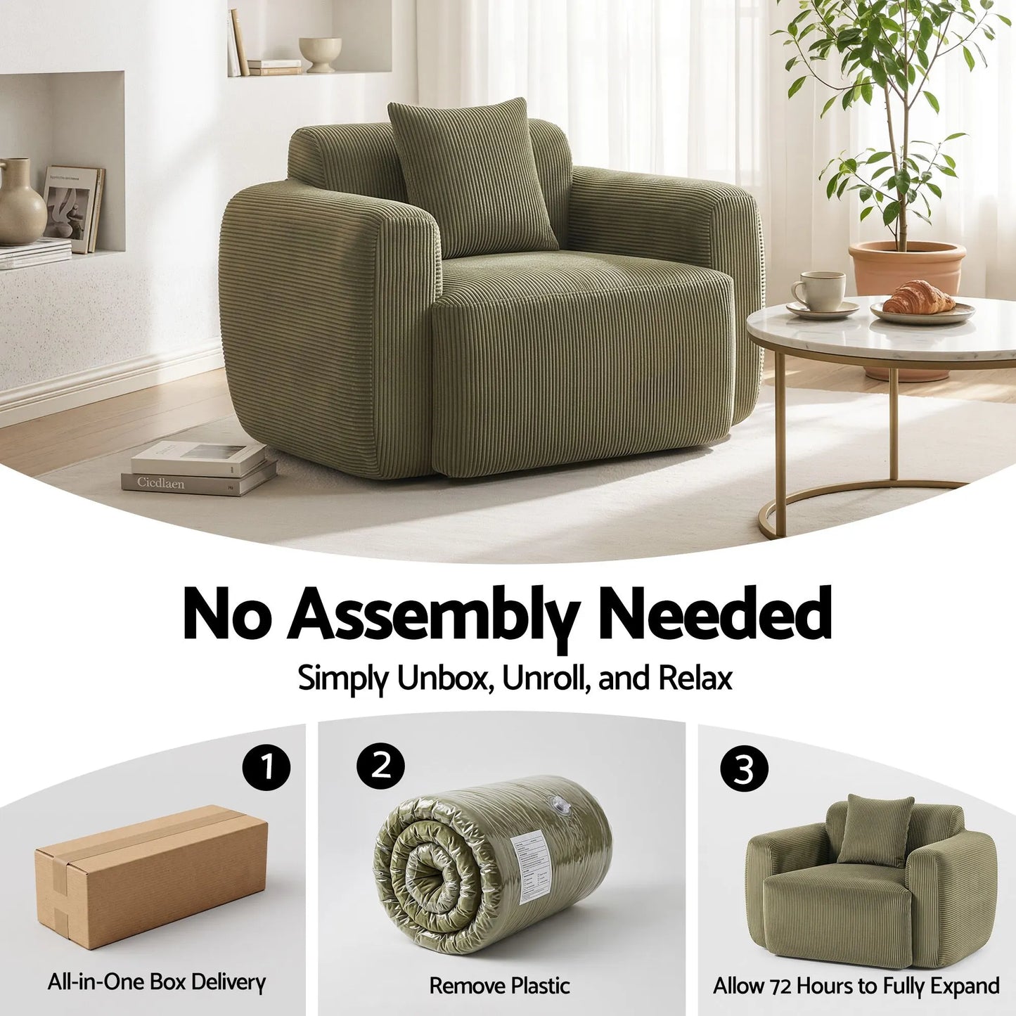 Artiss Compressed Armchair Sofa with Cushion Corduroy No Assembly Green - Image 5