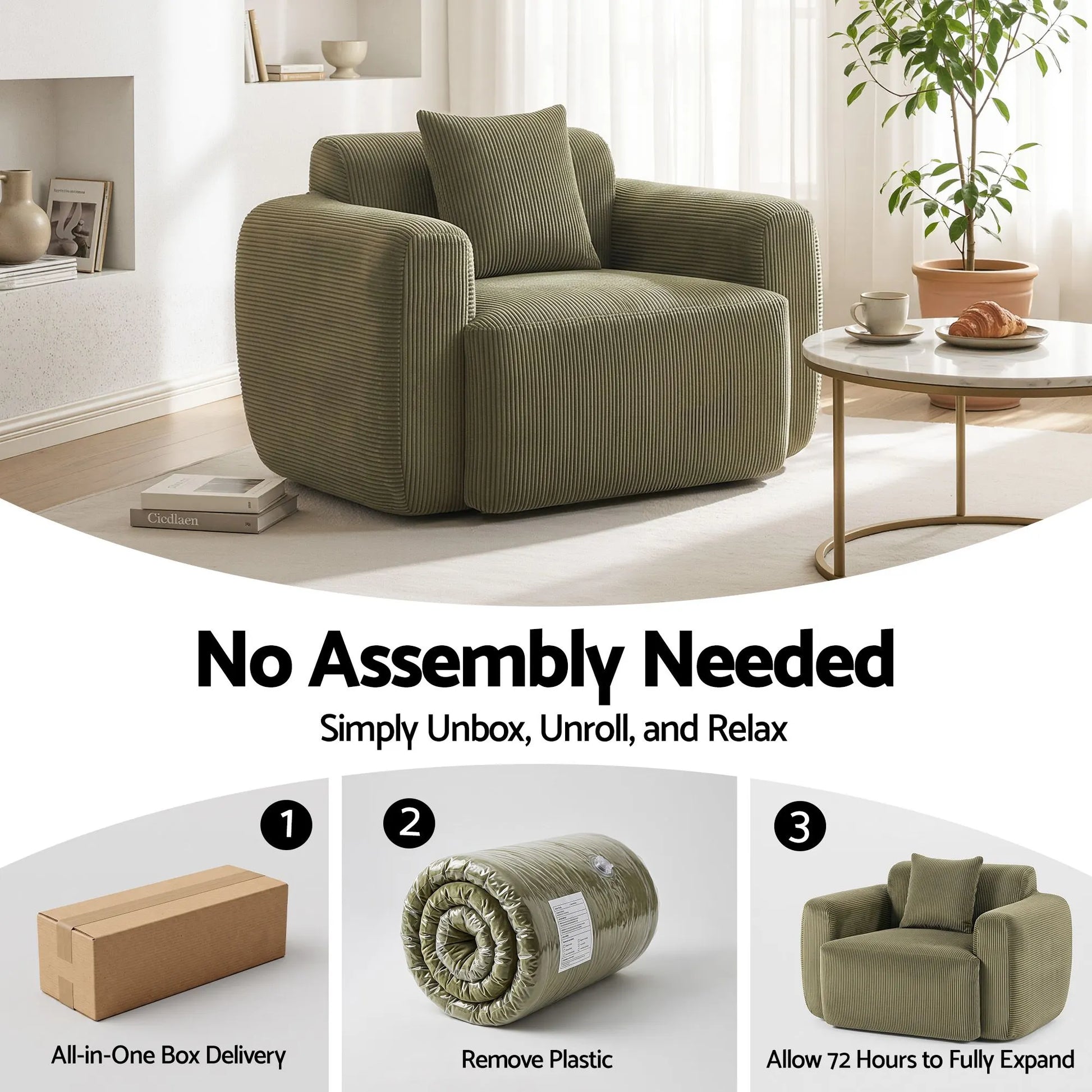 Artiss Compressed Armchair Sofa with Cushion Corduroy No Assembly Green - Image 5