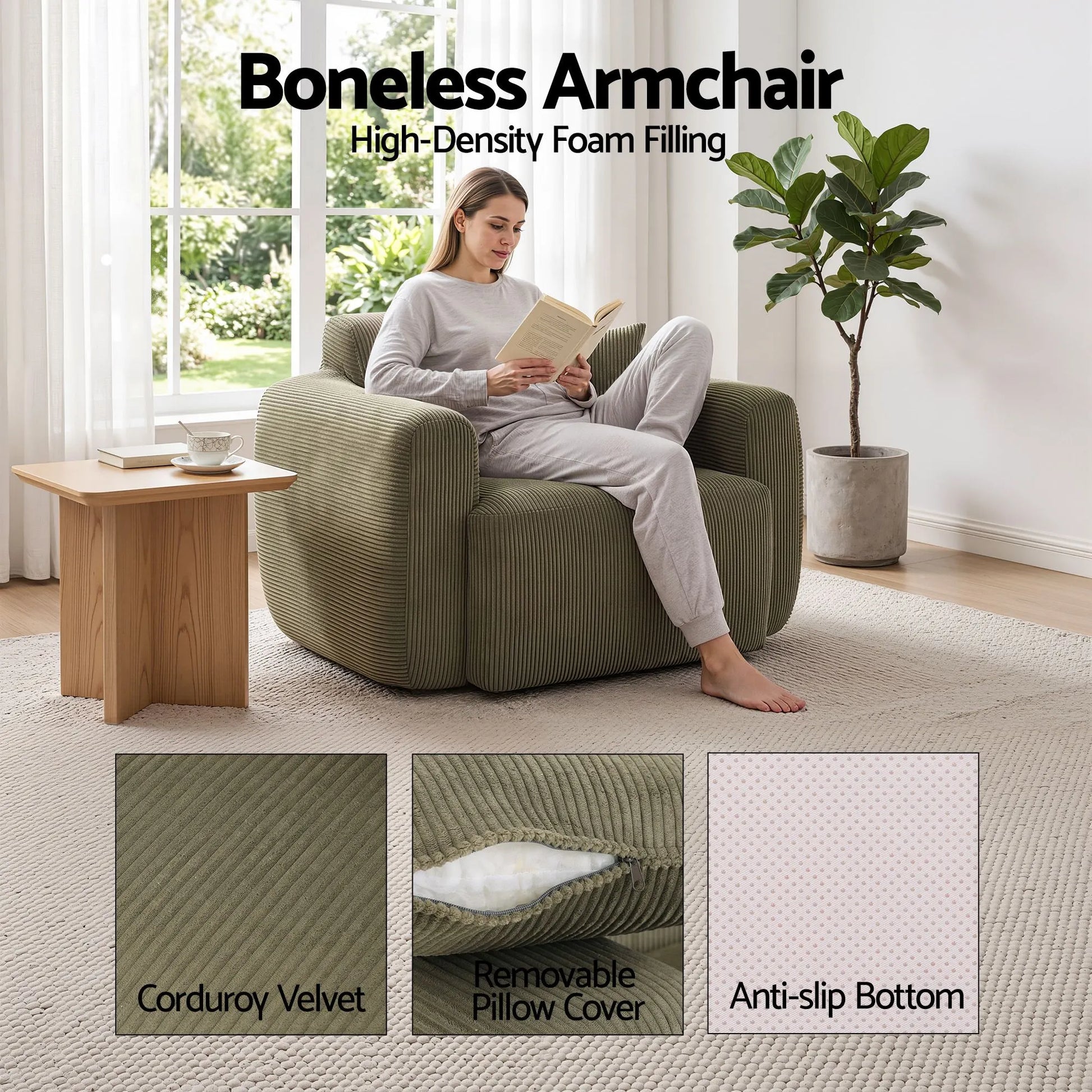 Artiss Compressed Armchair Sofa with Cushion Corduroy No Assembly Green - Image 6