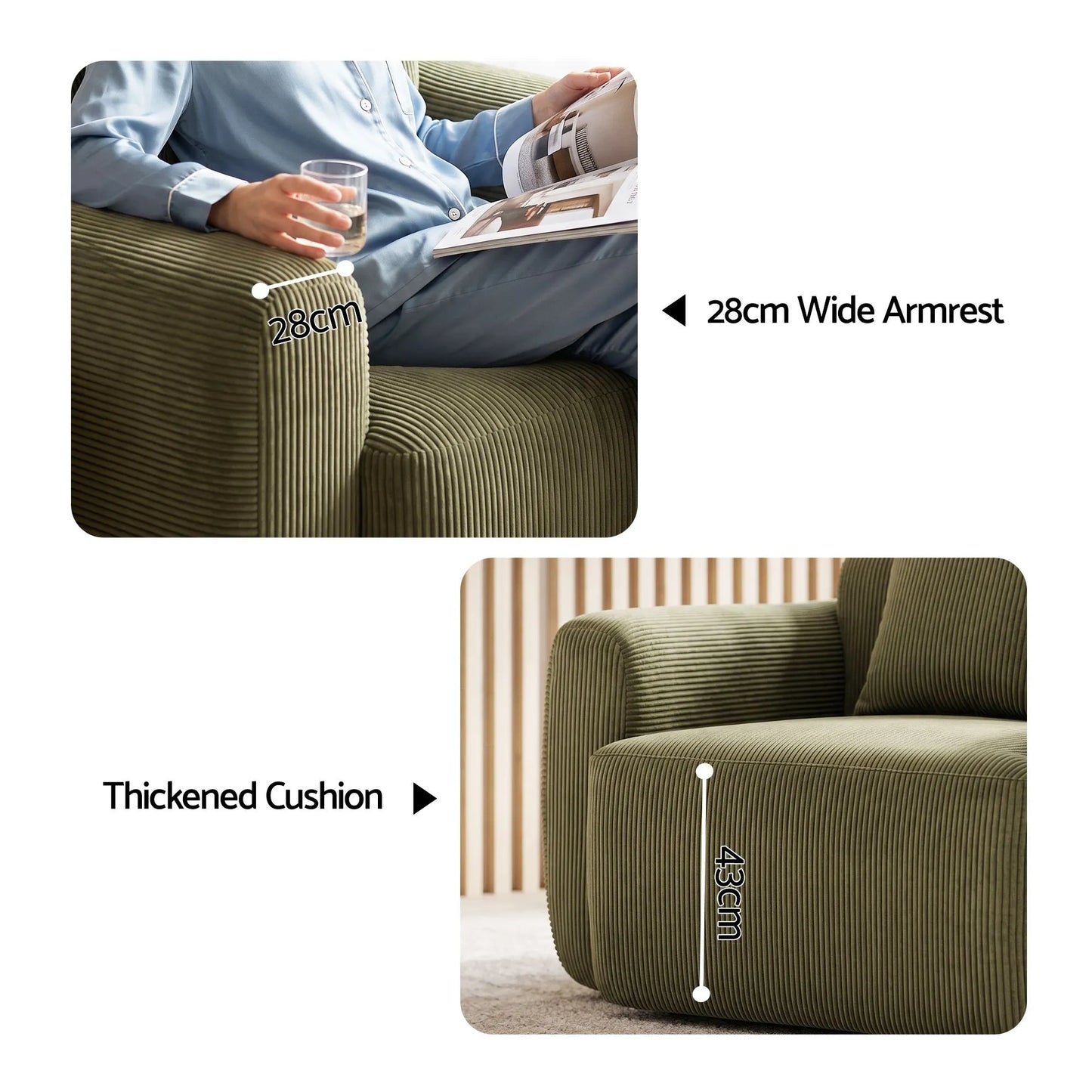 Artiss Compressed Armchair Sofa with Cushion Corduroy No Assembly Green - Image 7