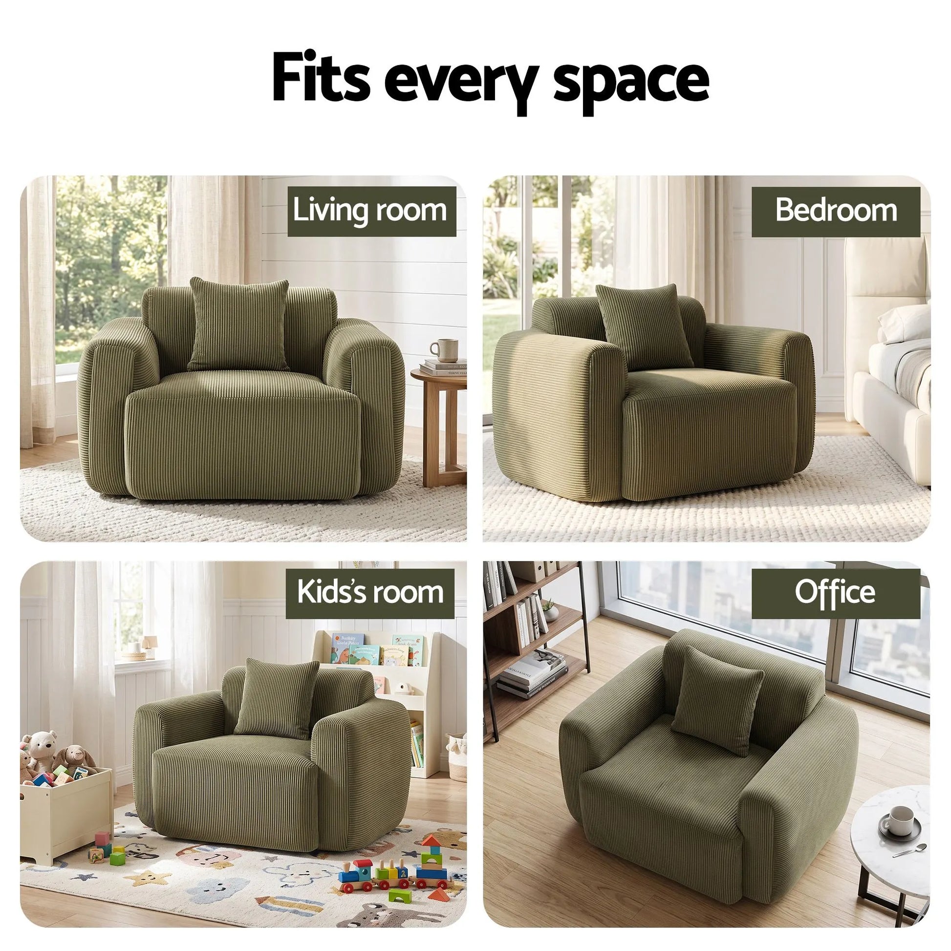Artiss Compressed Armchair Sofa with Cushion Corduroy No Assembly Green - Image 8