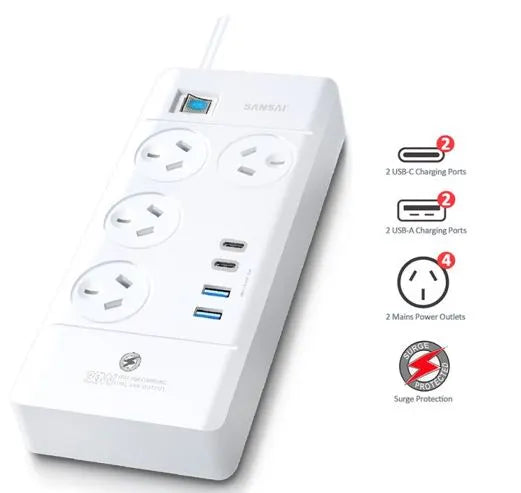 Sansai 4 Way Powerboard 4 Outlet 2×USB-A 2×USB-C Charging Ports Ports 10A 240V Individually Switc...