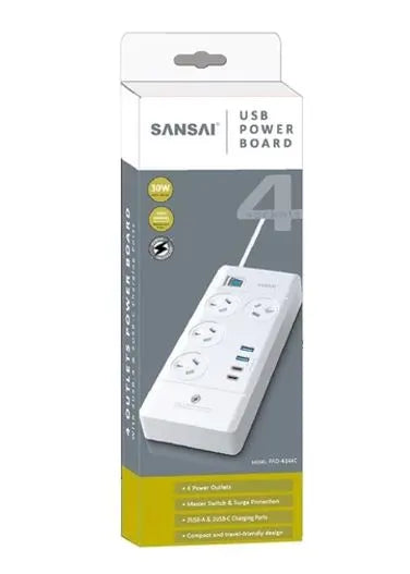 Sansai 4 Way Powerboard 4 Outlet 2×USB-A 2×USB-C Charging Ports Ports 10A 240V Individually Switc... - Image 2