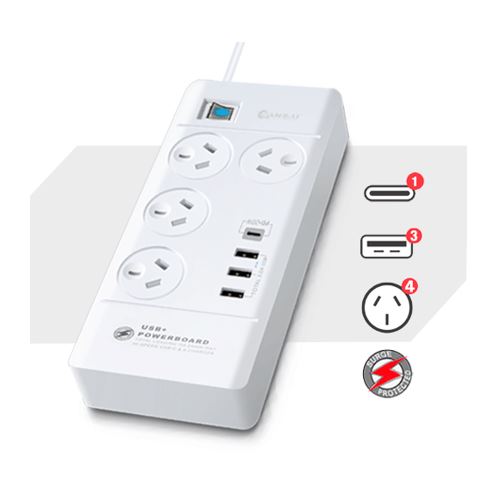 Sansai 4 Outlet 3xUSB-A  1xUSB-C Powerboard Master On/Off switch Surge and overload protected Fas...