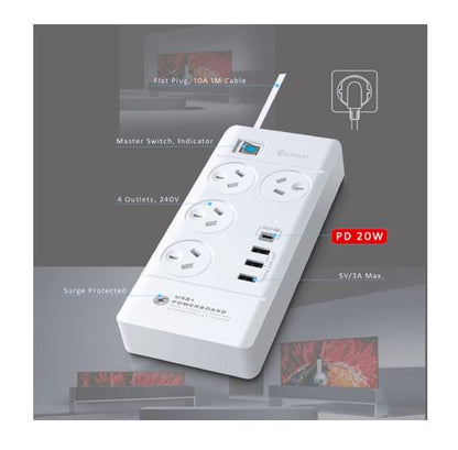 Sansai 4 Outlet 3xUSB-A  1xUSB-C Powerboard Master On/Off switch Surge and overload protected Fas... - Image 2