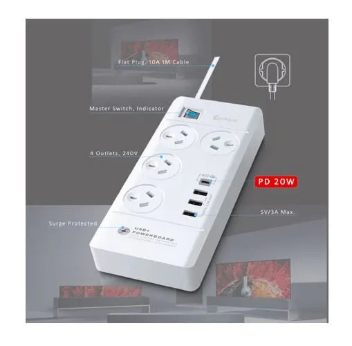 Sansai 4 Outlet 3xUSB-A  1xUSB-C Powerboard Master On/Off switch Surge and overload protected Fas... - Image 2