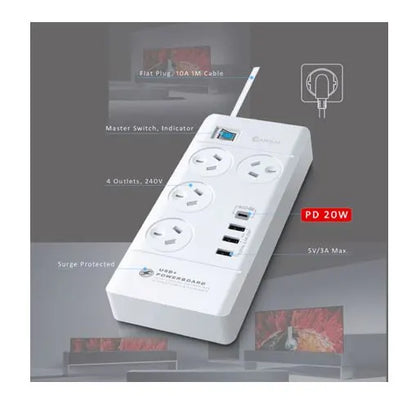 Sansai 4 Outlet 3xUSB-A  1xUSB-C Powerboard Master On/Off switch Surge and overload protected Fas... - Image 2