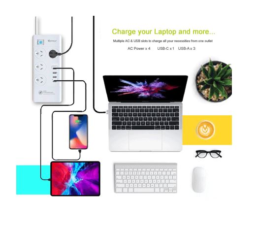 Sansai 4 Outlet 3xUSB-A  1xUSB-C Powerboard Master On/Off switch Surge and overload protected Fas... - Image 3