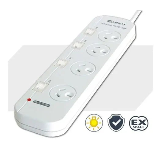 Sansai 4 Way Powerboard 4 Outlet 10A 240V Individually Switched 2 extra spaced sockets 1M Length...