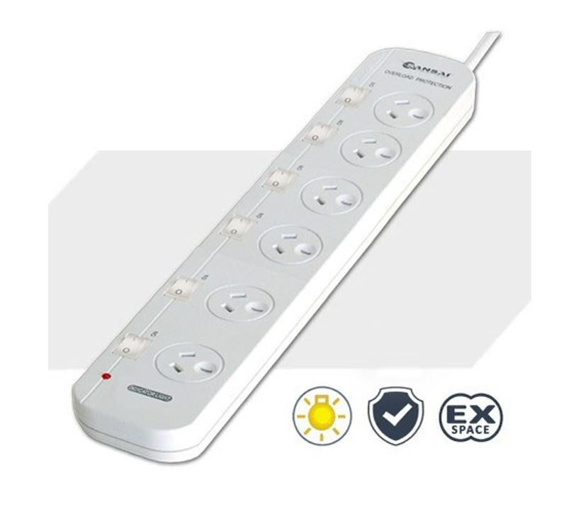 Sansai 6 Way Powerboard 6 Outlet 10A 240V Individually Switched 3 extra spaced sockets 1M Length...