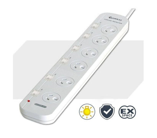 Sansai 6 Way Powerboard 6 Outlet 10A 240V Individually Switched 3 extra spaced sockets 1M Length...