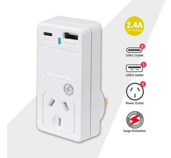 Sansai USB C + A 2xUSB charging Outlets Power Adaptor 240V 10A Power status indicator Wall Charge...
