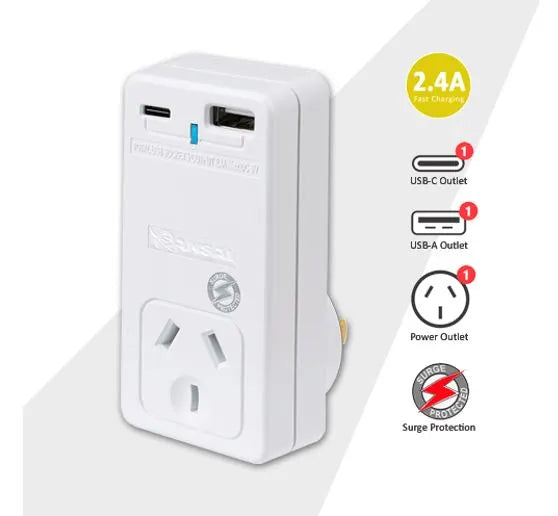 Sansai USB C + A 2xUSB charging Outlets Power Adaptor 240V 10A Power status indicator Wall Charge...